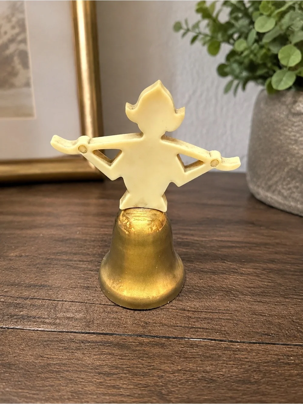 Vintage Brass Bell Cream Lucite Pixie Elf Figure Topper Mid Century Decor